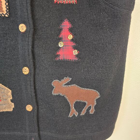 Vintage Woolrich Vest Women's M Black Boiled Wool Applique Moose Cabin Rustic - Picture 3 of 11